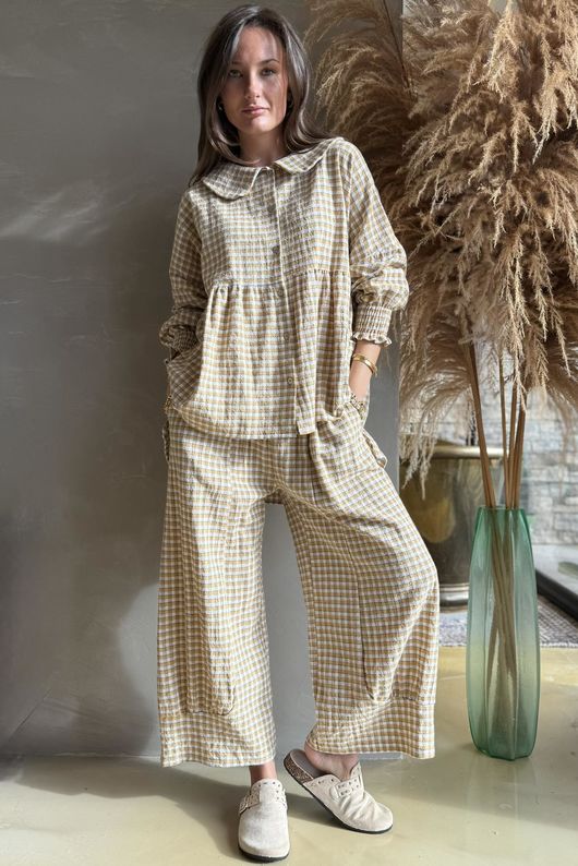 Annie Gingham Peter Pan Smock Blouse Mustard